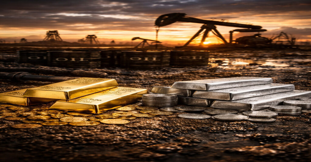 Commodity market today in USA showing gold, silver, and crude oil
