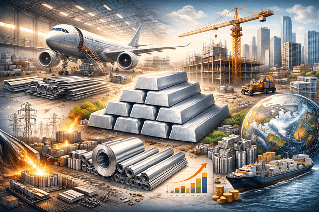 Aluminum market trends in aerospace and construction showing aircraft manufacturing, building projects, smelting operations, and global supply chains