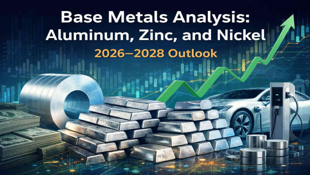 Base Metals Analysis Aluminum Zinc and Nickel showing 2026–2028 US market outlook with aluminum coil, zinc bars, nickel stacks and growth chart