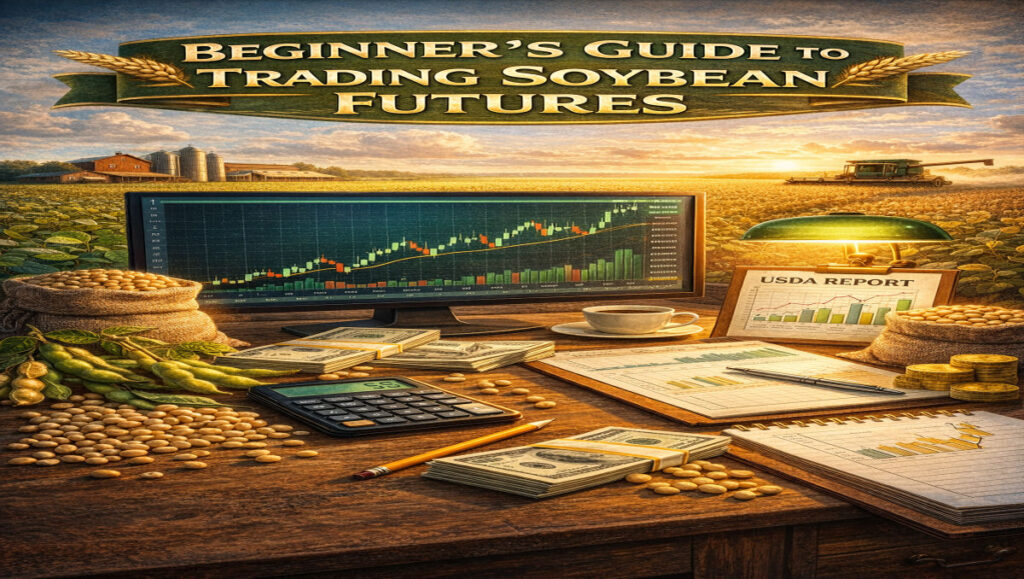 Beginner’s guide to trading soybean futures showing soybean field, CBOT price chart, USDA report data, and contract specifications