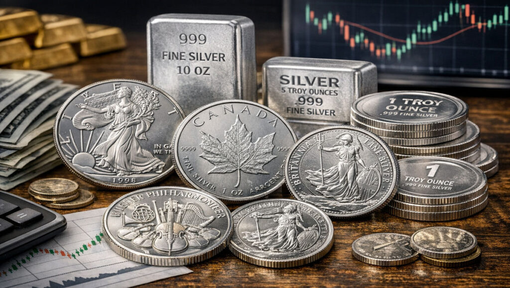 Best Physical Silver Coins for Beginners USA including American Silver Eagle, Maple Leaf, Britannia, and Philharmonic