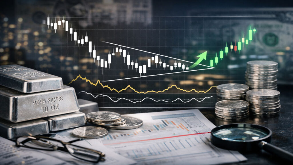 Best time to buy silver during market correction shown with silver bars, coins, and price stabilization breakout pattern
