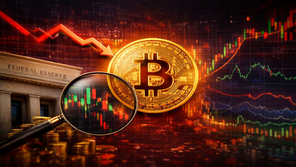 Bitcoin crash visual showing falling price chart and red market decline trend representing crypto market volatility.
