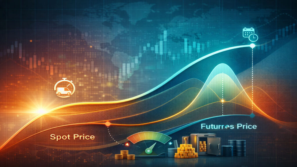 Difference between spot price and futures price illustrated with futures curve, convergence, and cost of carry example