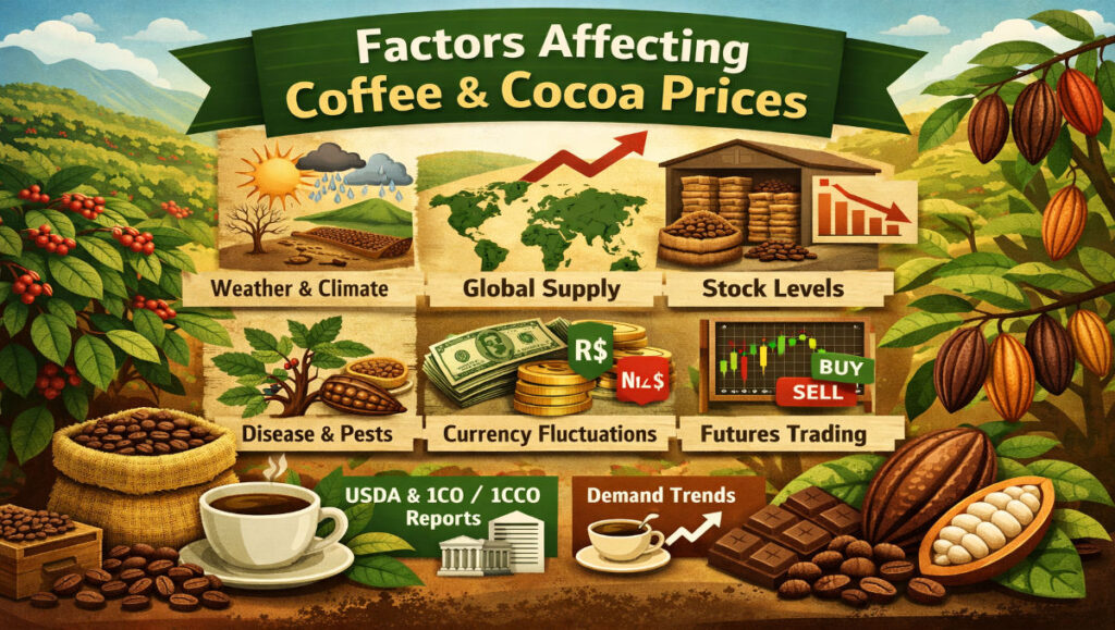 Infographic showing factors affecting coffee and cocoa prices including weather, global supply, stock levels, currency fluctuations, and futures markets