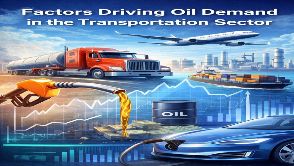 Factors driving oil demand in the transportation sector including freight trucks, aviation fuel use, shipping activity, and fuel consumption trends
