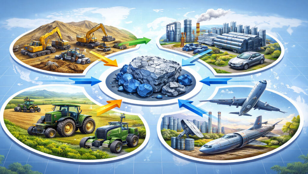 Global cobalt supply chain overview showing mining, refining, battery production, and US agriculture equipment use