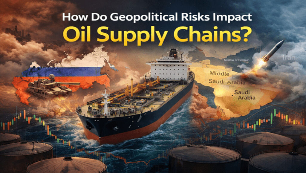 Illustration showing how do geopolitical risks impact oil supply chains through maritime chokepoints, sanctions, oil tankers, and global market volatility.