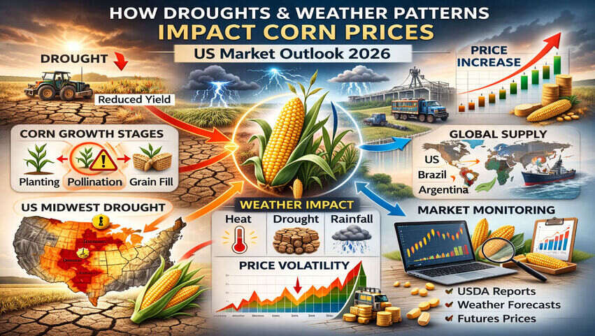 Infographic showing how droughts and weather patterns impact corn prices in the US Midwest, including pollination risk and yield volatility.