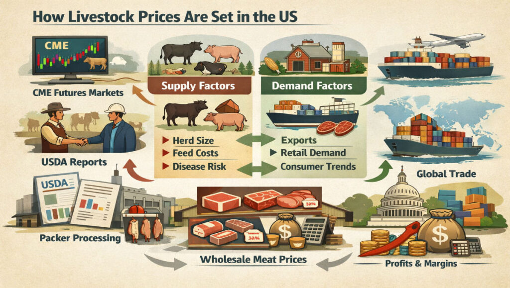 Infographic explaining how livestock prices are set in the US through CME futures, USDA reports, feed costs, supply and demand factors for cattle and hogs