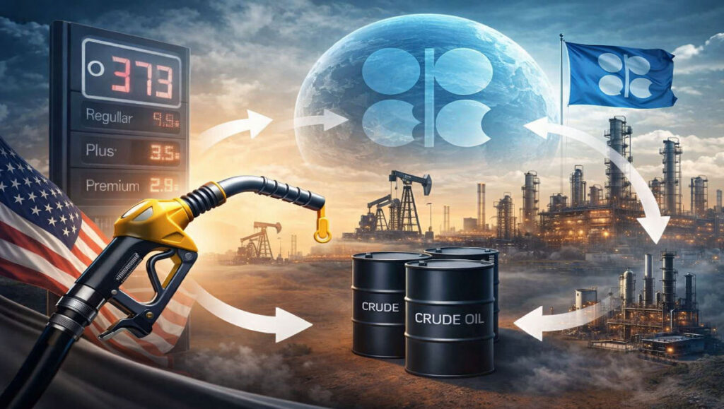 Infographic explaining how OPEC meetings impact US gasoline prices through crude oil production changes, refinery costs, and inventory trends