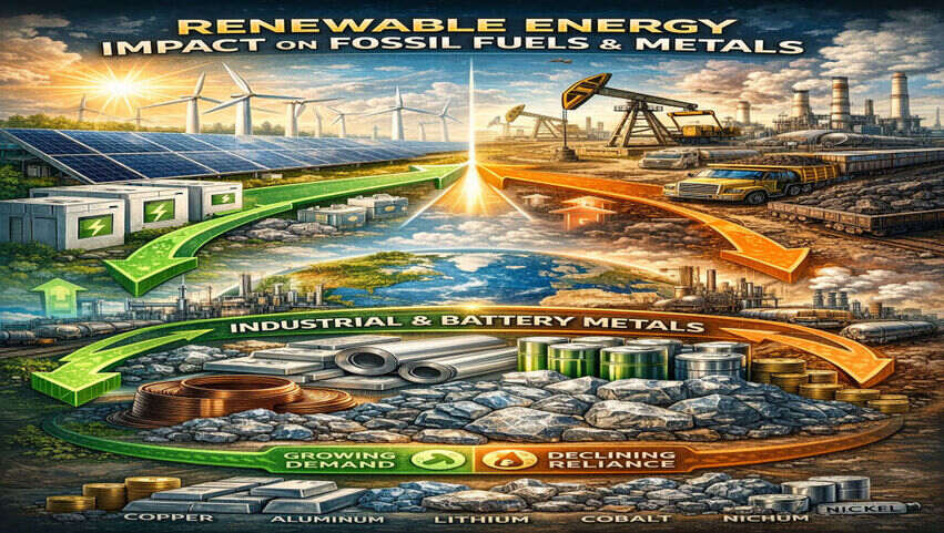 How renewable energy trends impact fossil fuel commodities, showing solar and wind growth alongside oil production and rising industrial and battery metals demand
