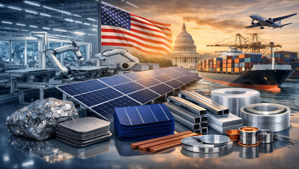 Illustration showing how to buy solar panel raw materials wholesale in USA, including polysilicon, wafers, solar cells, aluminum frames, and logistics infrastructure.