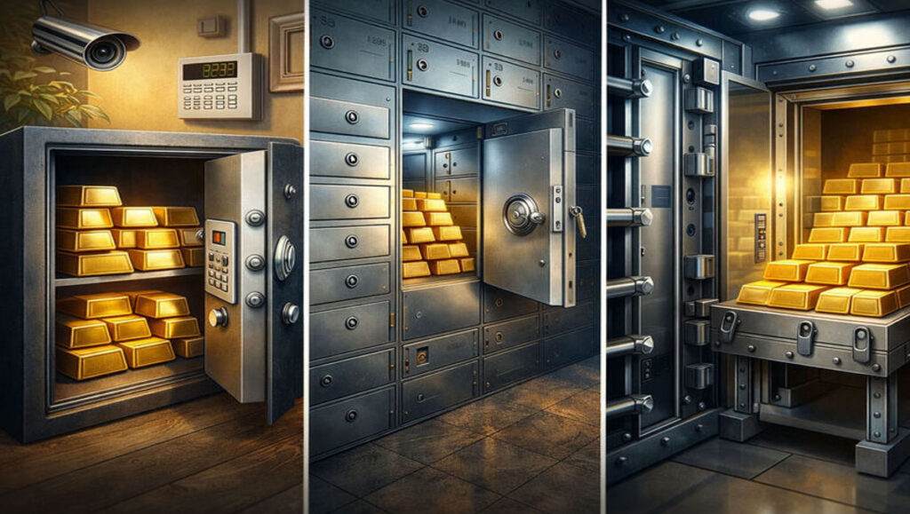 how to safely store physical gold in the United States using a home safe, bank safe deposit box, and private vault storage