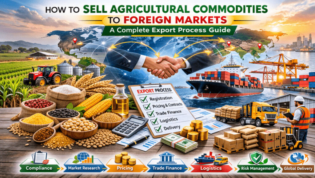 Infographic explaining how to sell agricultural commodities to foreign markets through a structured export process including compliance, pricing, trade finance, logistics, and risk management.