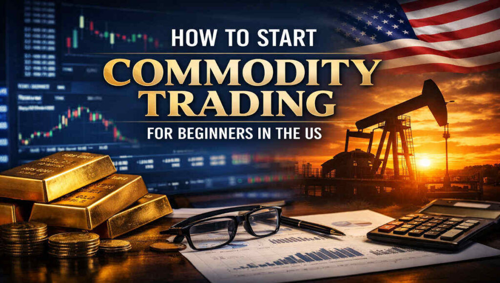 How to start commodity trading for beginners in the US with gold bars, oil pump, US flag and trading charts