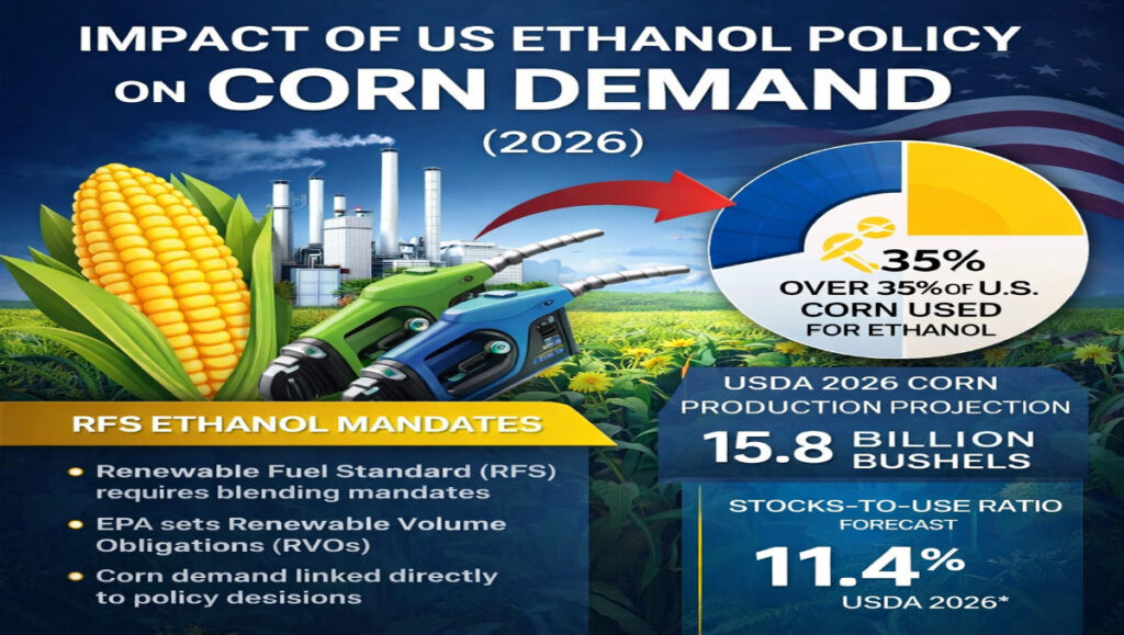Impact of US ethanol policy on corn demand showing RFS mandates, USDA 2026 corn production forecast, and ethanol blending impact