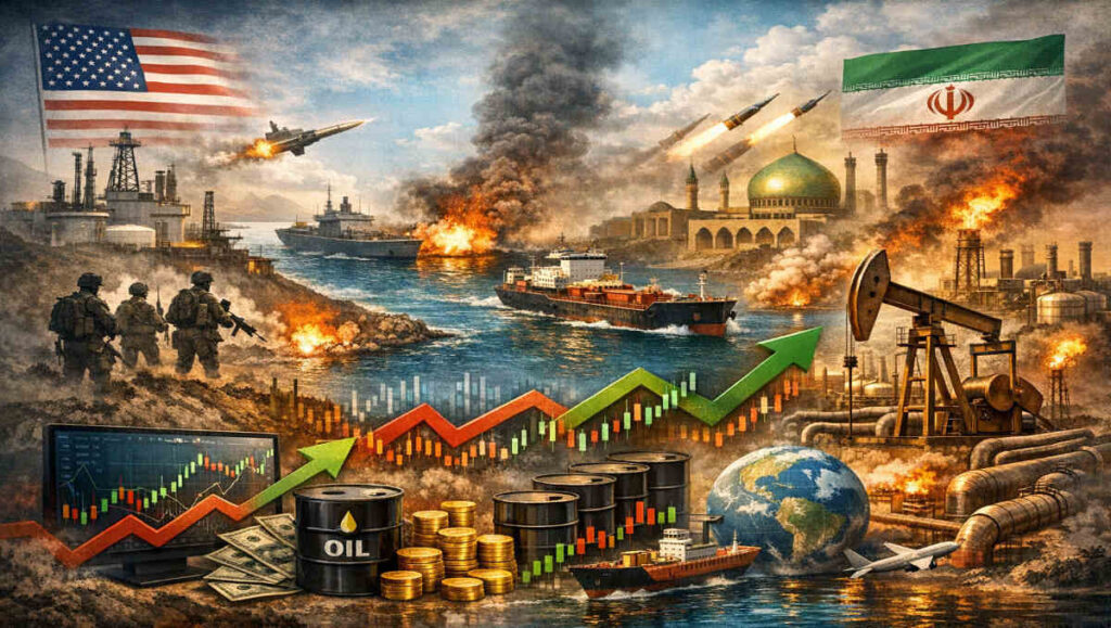 Illustration showing the impact of US-Iran geopolitics on oil futures with oil tankers, refinery infrastructure, and rising crude price charts.