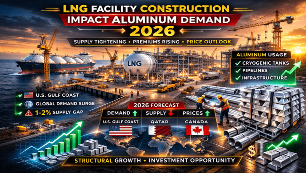 LNG facility construction impact aluminum demand 2026 showing LNG plants, aluminum infrastructure usage, supply tightening, and price outlook forecast.