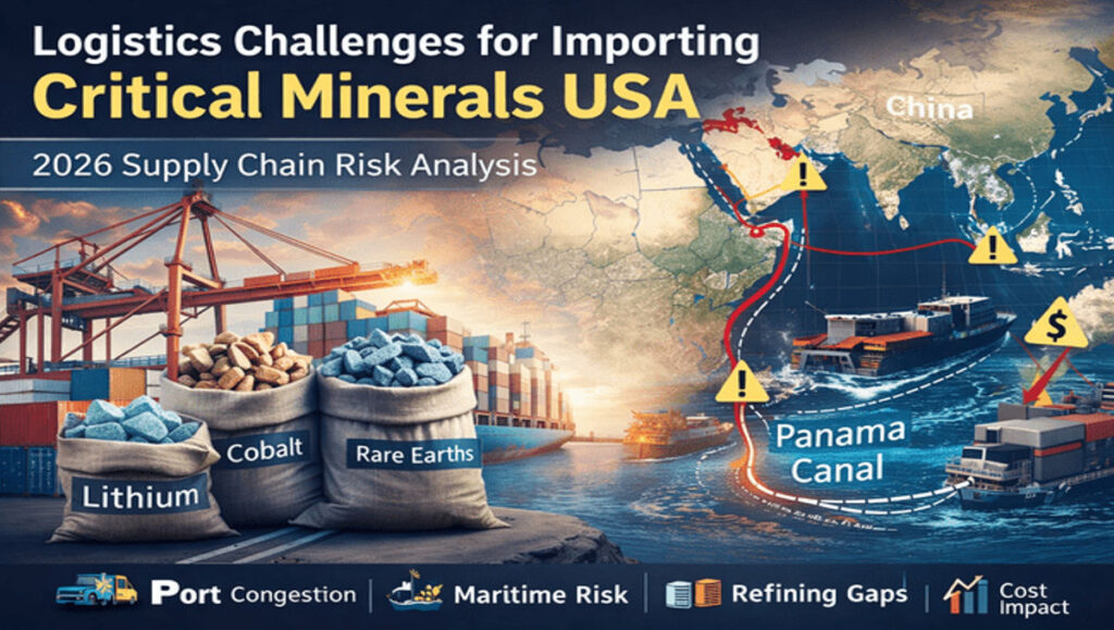 Logistics challenges for importing critical minerals USA showing port congestion, maritime chokepoints, refining gaps, and shipping route risks