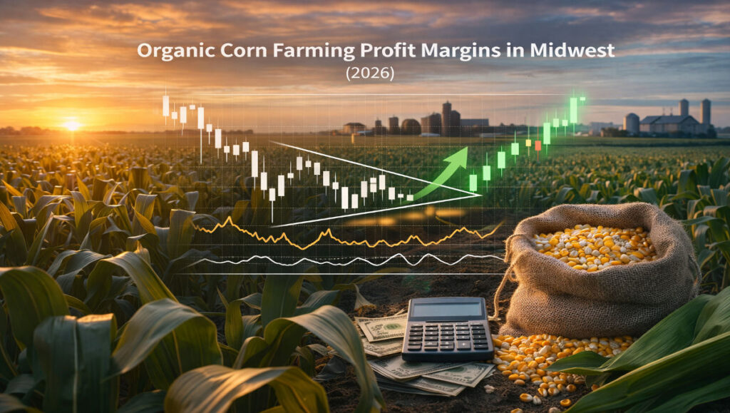 Organic corn farming profit margins in Midwest illustrated with cornfield, grain sack, calculator, and rising profit chart