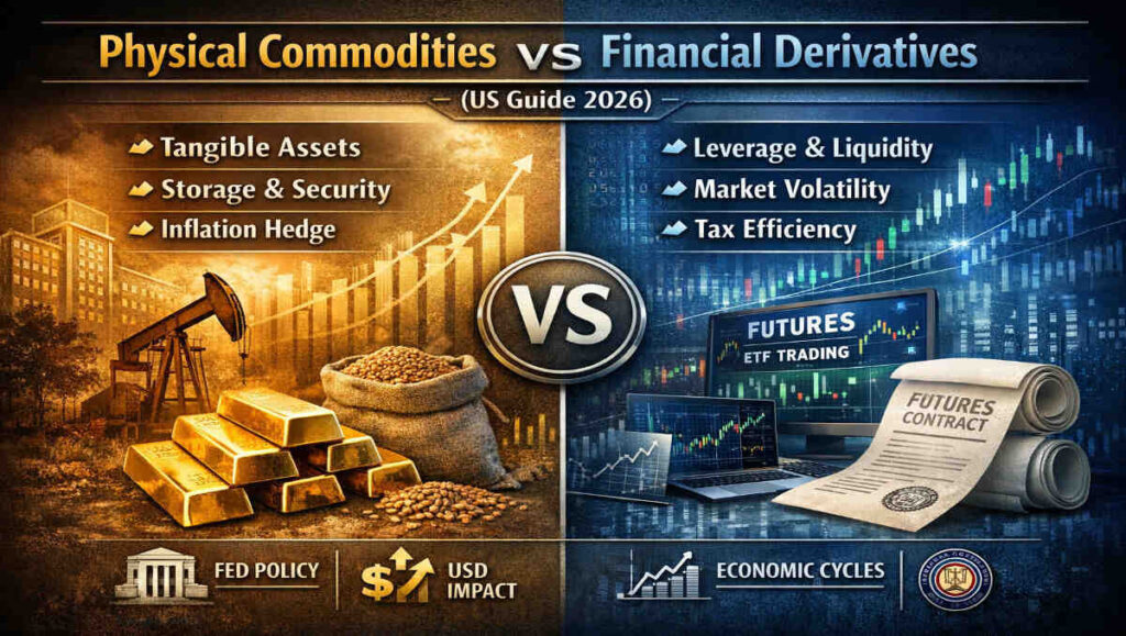 Physical Commodities vs Financial Derivatives comparison showing gold bars and oil assets versus futures contracts and ETF trading charts in US markets.