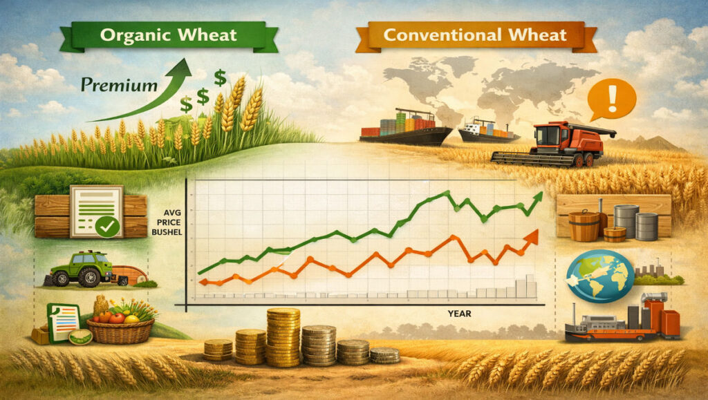 Price trends for organic vs conventional wheat showing premium spread and long-term price divergence chart