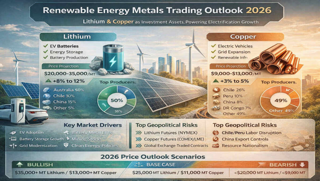 renewable energy metals trading outlook 2026 lithium copper price forecast and strategy infographic