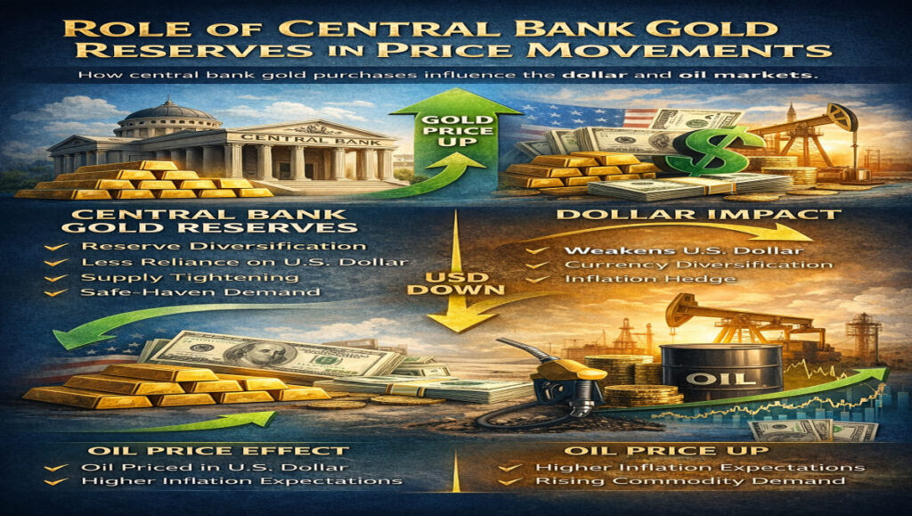 Role of central bank gold reserves in price movements showing gold accumulation, dollar weakness, and oil price impact