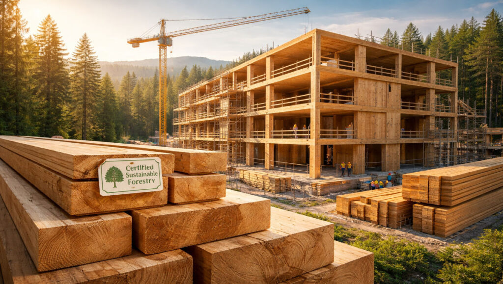 Sustainable timber options for construction in USA featuring certified lumber and a mass timber building under construction