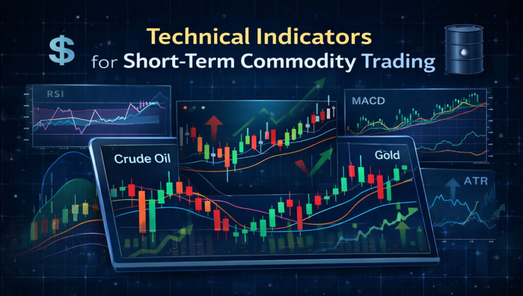 Technical indicators for short-term commodity trading showing RSI, MACD, EMA, and ATR analysis on US futures charts