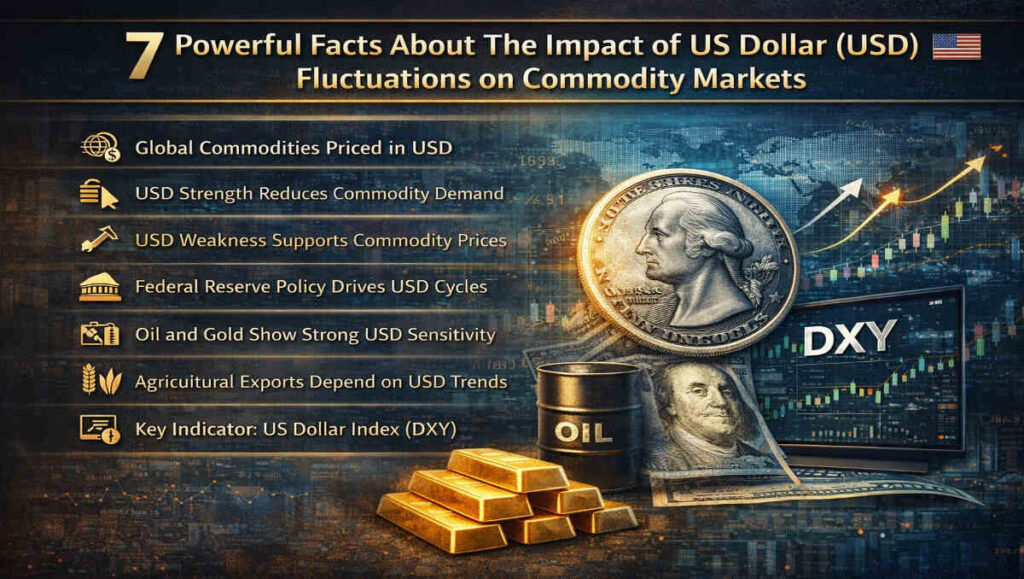 The impact of US dollar (USD) fluctuations on commodity markets showing gold, oil, DXY index, and currency movements
