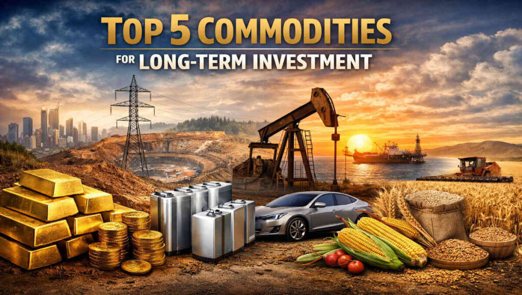 Top 5 commodities for long-term investment including gold, copper, lithium, crude oil, and agricultural grains