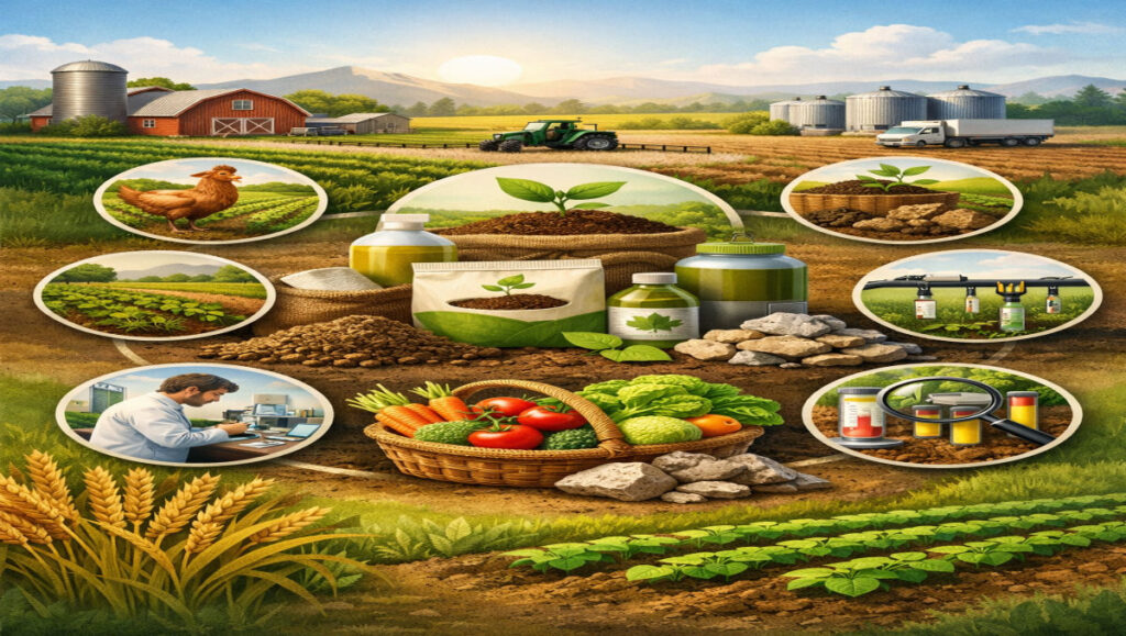 Top organic fertilizer suppliers for small farms in USA showcasing OMRI-listed compost, animal-based fertilizers, liquid nutrients, and soil health inputs.