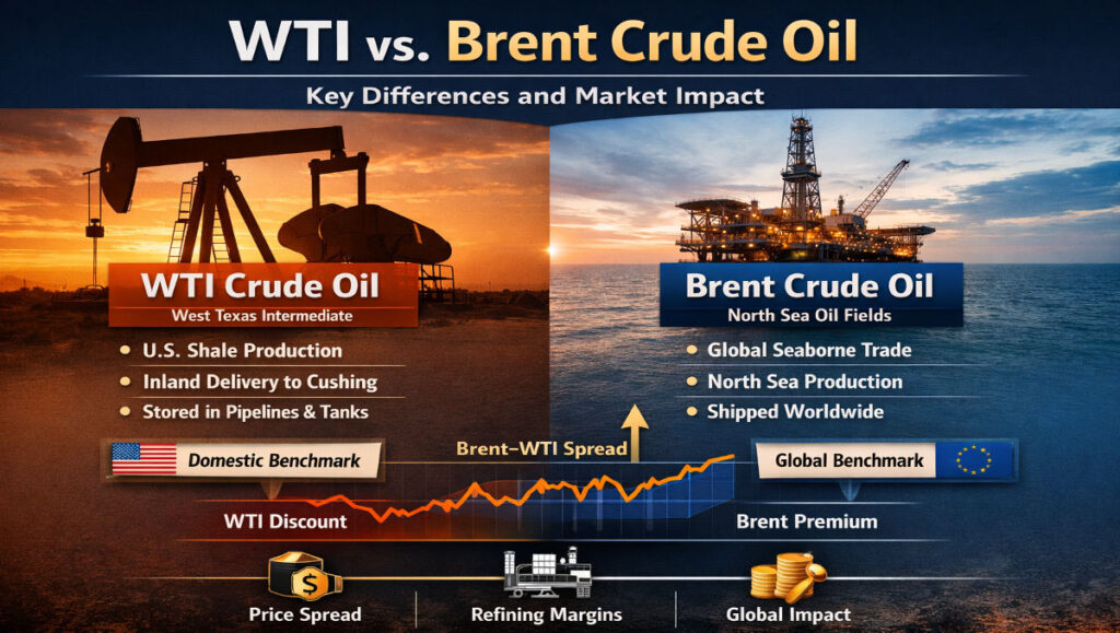 WTI vs. Brent crude oil comparison infographic showing benchmark differences, price spread, and global market impact