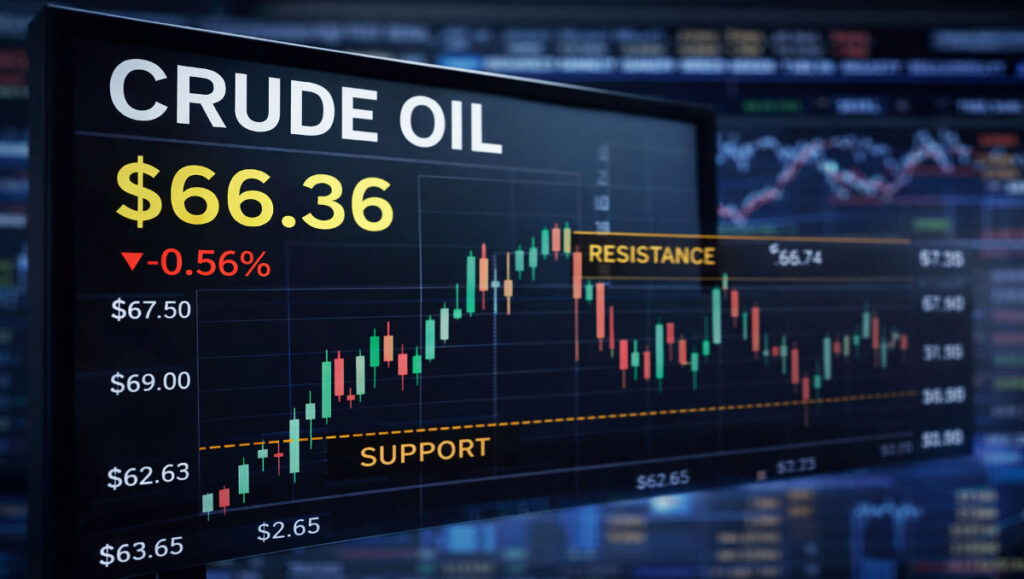Crude oil price today USA showing WTI trading near $66.36 with resistance and support levels on daily chart.