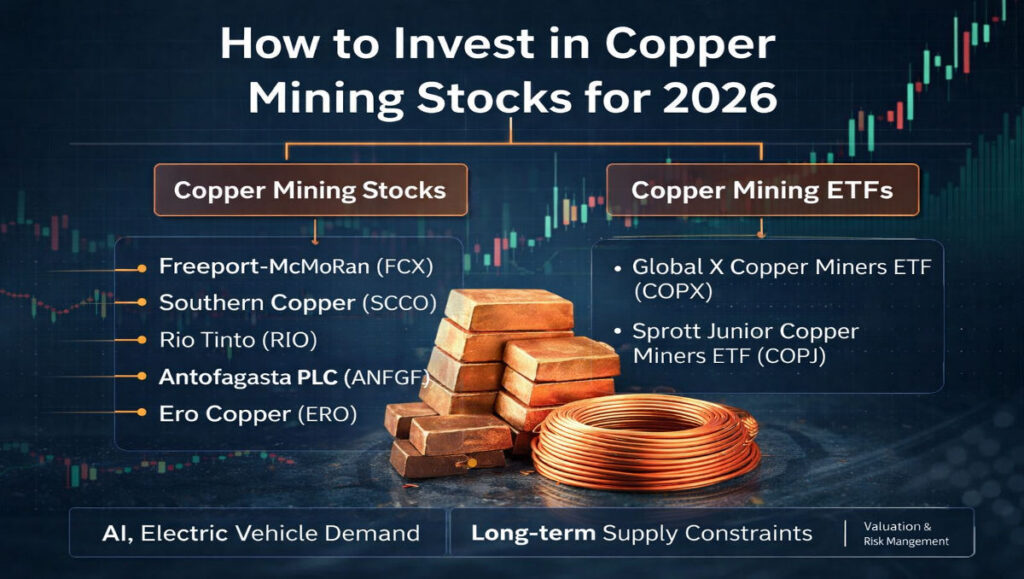 how to invest in copper mining stocks for 2026 showing major producers, ETFs, and copper demand drivers